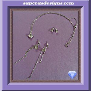 Silver Tone Necklace Dangle & Stud Earrings Jewelry Set With Clear Crystals